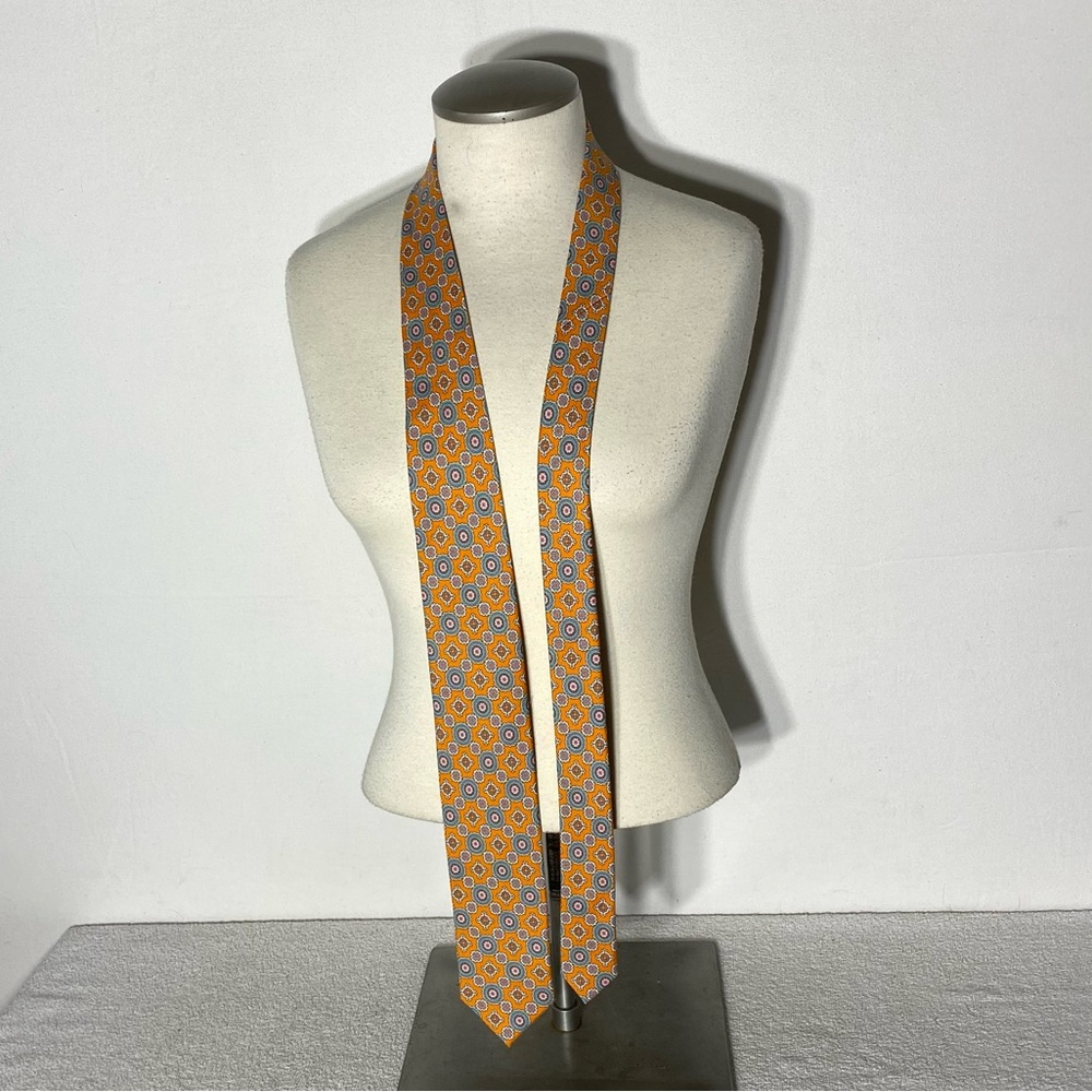 Vintage Adesso Handmade Orange Blue Geometric Foulard Print 100% Silk Neck Tie